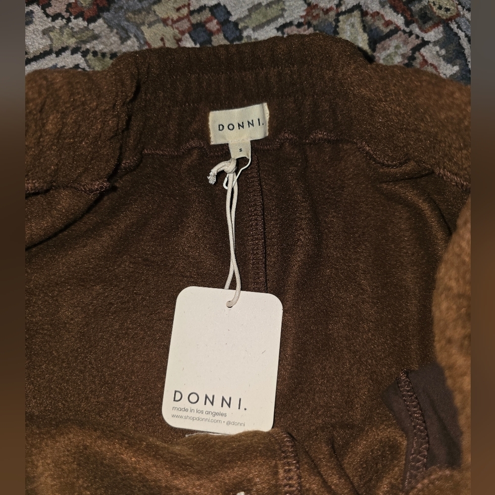 DONNI. Brown Cozy Fleece Shorts with Cream Trim - Picture 3 of 5